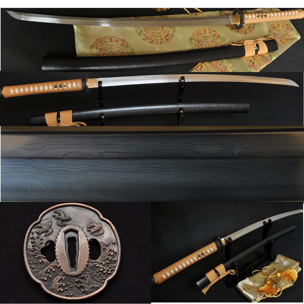 Folded Steel Full Tang Blade Seabird Brass Tsuba Japanese Samurai Sword Katana
