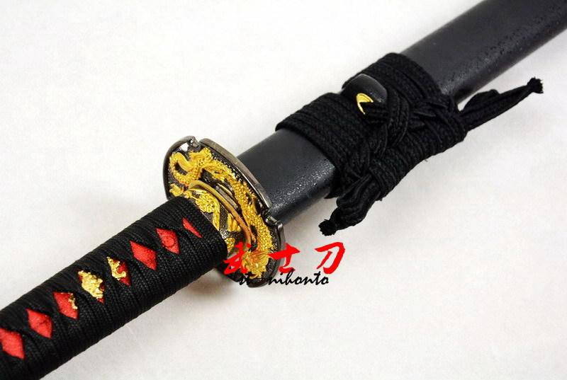 Handforged Black Red Folded Steel Japanese Dragon Tsuba Ninja Sword Full Tang Blade