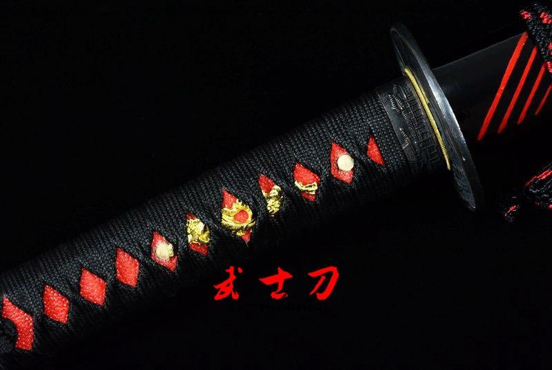 Black Japanese Functional Daisho Katana Warrior Tsuba Sword Quenched Oil 9260 Spring Steel Full Tang Blade